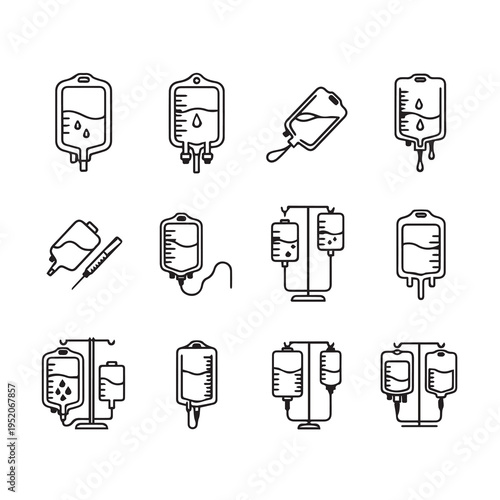 Infusion Bag Icons Set Vector Illustration Medical Healthcare Fluid Drip Line Symbol