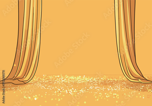 Bright yellow curtains open towards a shiny golden surface with sparkles in a stage setting for a performance or event