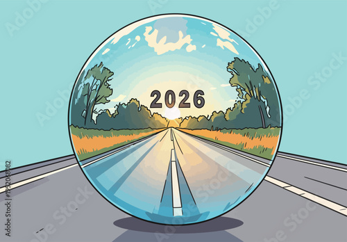 Future road leading to the year 2026 with trees and blue sky visible along the roadside