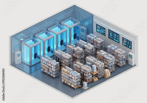 Futuristic cryogenic storage facility with advanced refrigeration units and organized inventory shelves