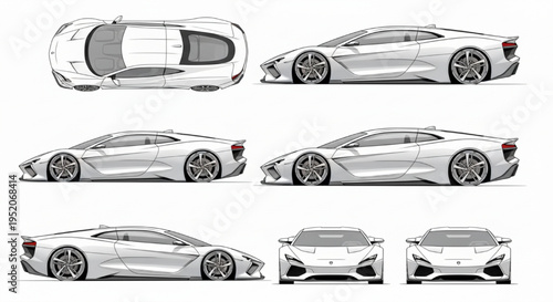 Futuristic Sports Car CAD Blueprint Vector – Technical Side View Drawing of Modern Concept Vehicle Design