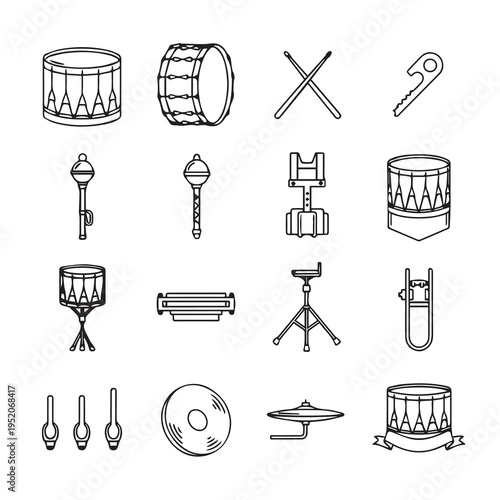 Marching Band Instruments and Accessories Line Art Collection
