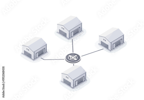 Warehouse network logistics, connected distribution centers, isometric view