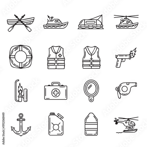 Marine Safety Equipment Icons: Life Vest First Aid Flare Gun Whistle Anchor Helicopter