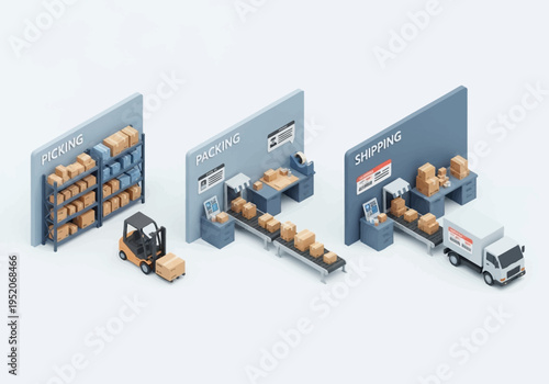 Logistics and supply chain operations with picking, packing, and shipping illustrated in isometric view