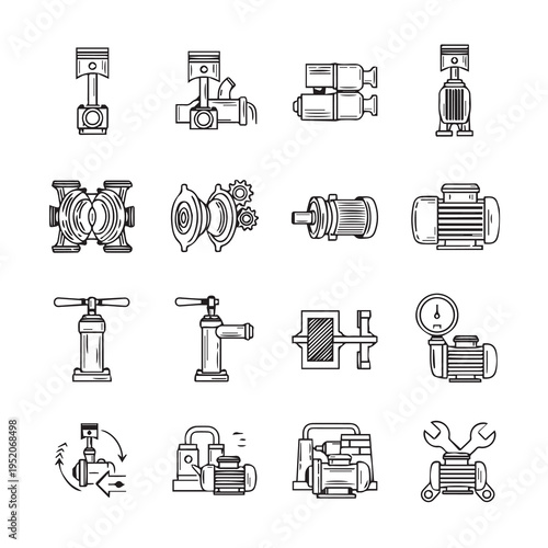 Mechanical Components Icons: Engines Pumps Pistons Motors GearsOutline Style