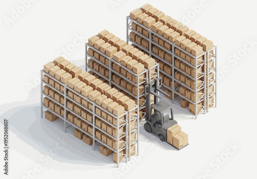 Warehouse storage with forklifts and stacked cardboard boxes in a logistic distribution center