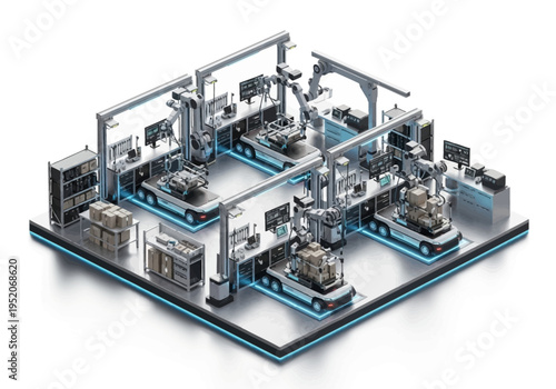 Industrial automation robotic arms in a modern factory assembly line