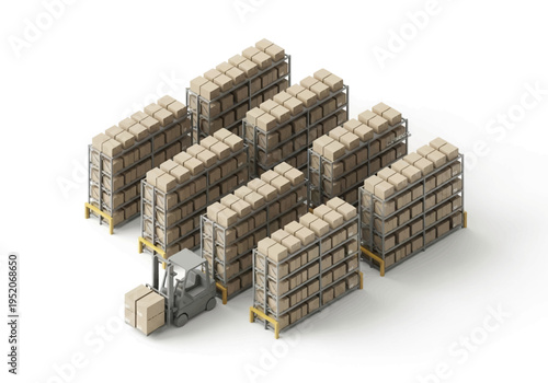 Organized warehouse racks filled with cardboard boxes and a forklift preparing to move them for efficient logistics and supply chain management