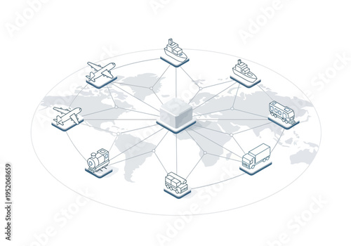 Global interconnected logistics network with various transportation modes connected to a central hub