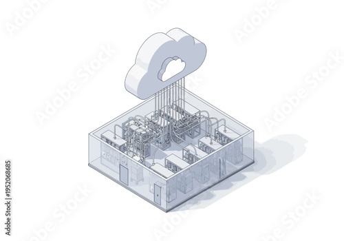 Isometric illustration of a data center infrastructure connected to cloud computing services