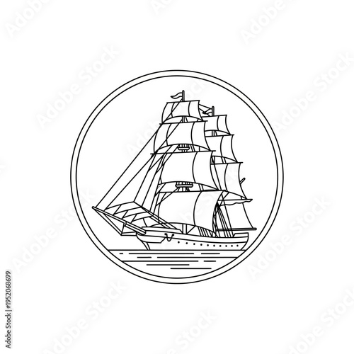 Vintage Sailing Ship in Circle Line Art Illustration.