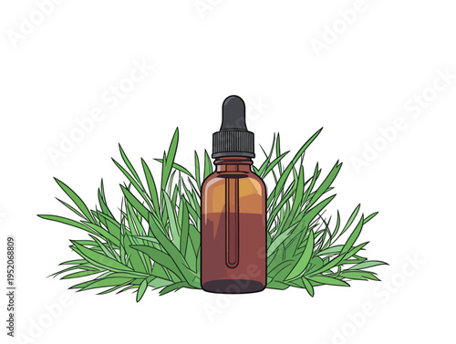 Brown glass bottle sits among green grass with a dropper lid, showing herbal essence used for wellness
