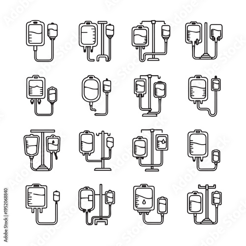 Medical IV Drip Bag Icon Set Infusion Therapy Hospital Equipment Healthcare Symbols Vector Illustration
