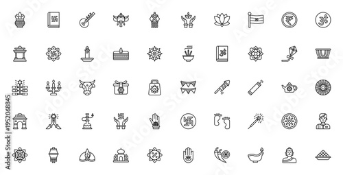 Diwali icon set. Hindu festival vector symbols pack. Includes diya, rangoli, Ganesha, sitar, mandala, fireworks, gift, rupee, temple and more. Editable thin line icons.