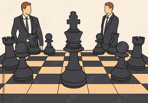 Two men play chess on a black and white board with various pieces arranged around the king and rook