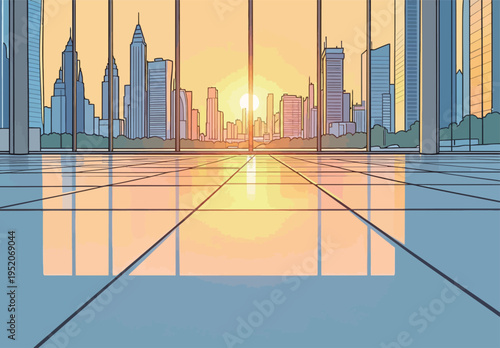 Sunset view over city skyline from a modern office space with large windows and reflective floor