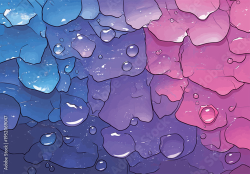 Colorful water droplets on a gradient background with shades of blue and pink in a digital artwork