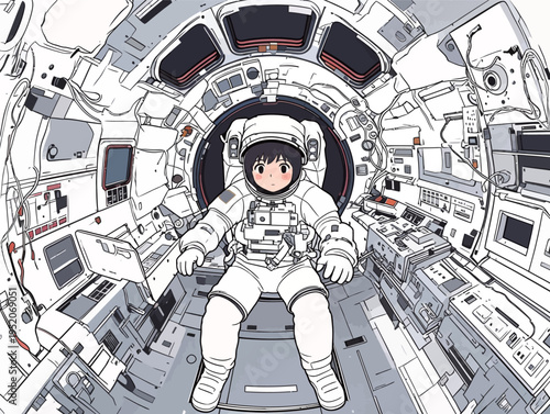 A young astronaut sits in a spacecraft cabin looking at the control panels and equipment with curiosity