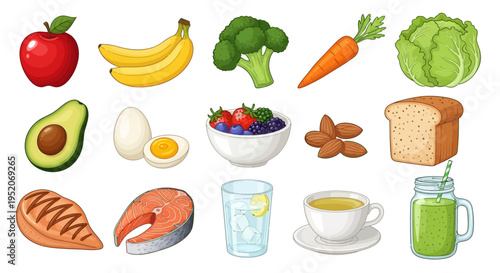 A diverse collection of fresh, wholesome ingredients and nutritious meals for a balanced and healthy diet, promoting well-being and an active lifestyle