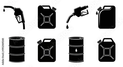 Set of Black Icons Representing Fuel Containers and Dispensing Nozzles, Illustrating Energy and Storage Solutions