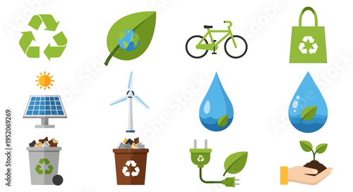 Set of eco-friendly and sustainable living icons representing nature, renewable energy, and recycling for a greener planet