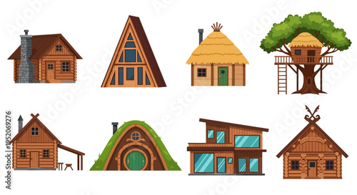 Set of Cartoon Dwellings Various Architectural Style Houses and Cozy Homes Vector Graphics