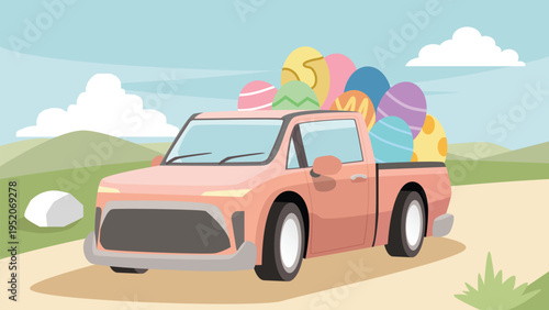 Pink pickup truck full of easter eggs driving on dirt road. Green hills and mountain under blue sky. Vector illustration for Easter Day. To go and celebrate the resurrection of Jesus Christ.