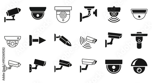 Diverse collection of security camera icons representing modern surveillance technology and home protection systems