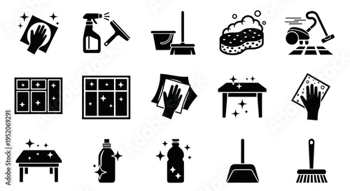 Comprehensive vector icon set showcasing various cleaning activities, household chores, and hygiene concepts for domestic maintenance services