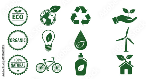 Collection of Eco-Friendly and Organic Vector Icons Representing Nature, Sustainability, and Environmental Conservation Efforts