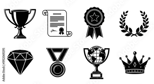Elegant set of black and white vector icons representing accomplishment, recognition, and prestigious awards
