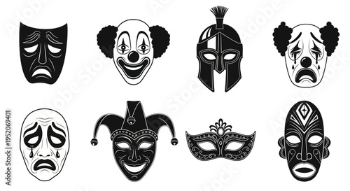Diverse collection of monochrome masks illustrating theatrical drama, cultural heritage, and expressive human emotions