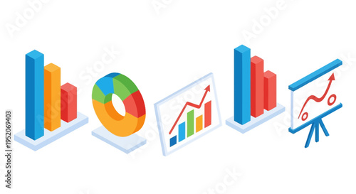 Set of isometric bar graphs, pie chart, and line graph illustrations symbolizing data analysis and financial performance
