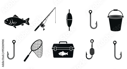 Set of black and white fishing icons featuring fish, rods, hooks, nets, tackle boxes, and floats for recreational activities