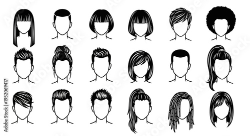 Diverse hairstyles collection for men and women, featuring various lengths, textures, and popular cuts as modern line art icons