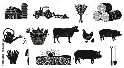 Vector Icons Illustrating Farming and Agriculture Barn, Tractor, Livestock, Crops, and Tools