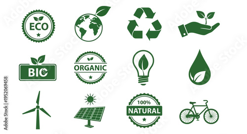 Comprehensive Set of Eco-Friendly Icons Representing Green Energy, Organic Products, and Environmental Sustainability Concepts