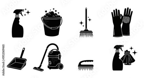 Set of icons depicting various cleaning tools and supplies for household chores and hygiene