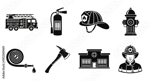 Comprehensive Set of Firefighting Equipment, Tools, Vehicles, and Personnel Icons for Emergency Services