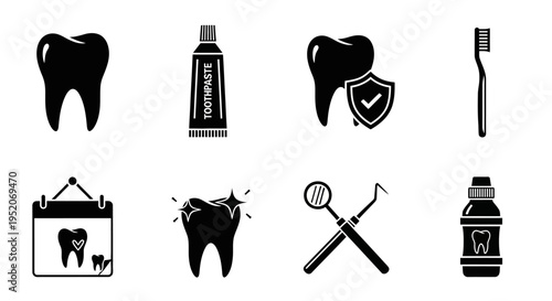 Dental Care and Oral Hygiene Icons Toothbrush, Toothpaste, Mouthwash, and Dentist Tools