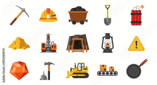 Diverse Set of Mining and Geology Icons Depicting Essential Tools, Heavy Machinery, and Raw Materials for Resource Extraction