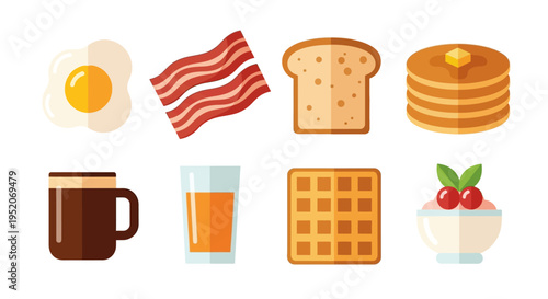 Collection of flat icons representing a delicious breakfast spread including eggs, bacon, toast, pancakes, coffee, juice, waffle, and fruit bowl