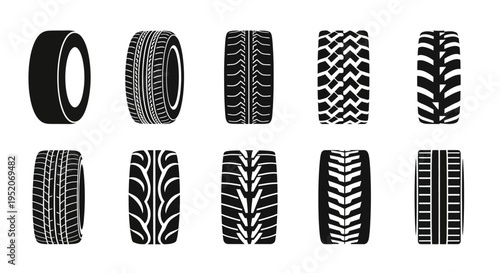 Comprehensive vector icon set of tire tread patterns in monochrome, illustrating various grip designs for automotive vehicles and diverse road conditions