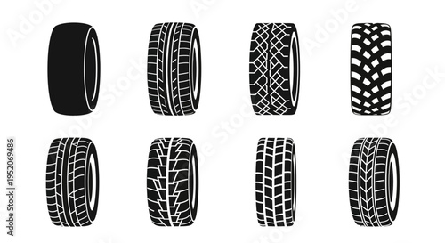 Illustrated vector set displaying different car tire tread patterns, essential for vehicle maintenance, road grip, and driving safety