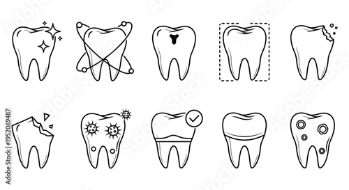 Collection of icons representing healthy and unhealthy teeth, dental care and oral hygiene