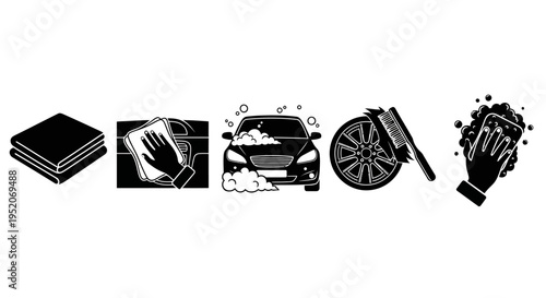 Collection of stylized icons depicting various car washing and cleaning stages, including drying, scrubbing, and polishing with foam and brushes
