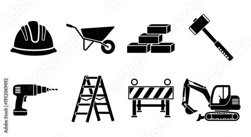 Set of construction icons depicting tools, materials, and equipment used in building and renovation projects