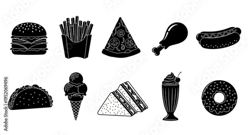 Delicious Fast Food Assortment Icons - Black and White Graphic Collection of Unhealthy Treats and Snacks Vector Elements