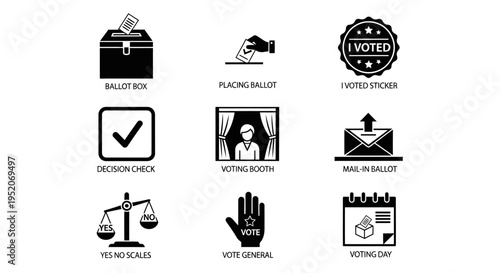 Ballot box, voting booth, voting sticker, and election day icons representing the democratic process of casting a vote and making a choice